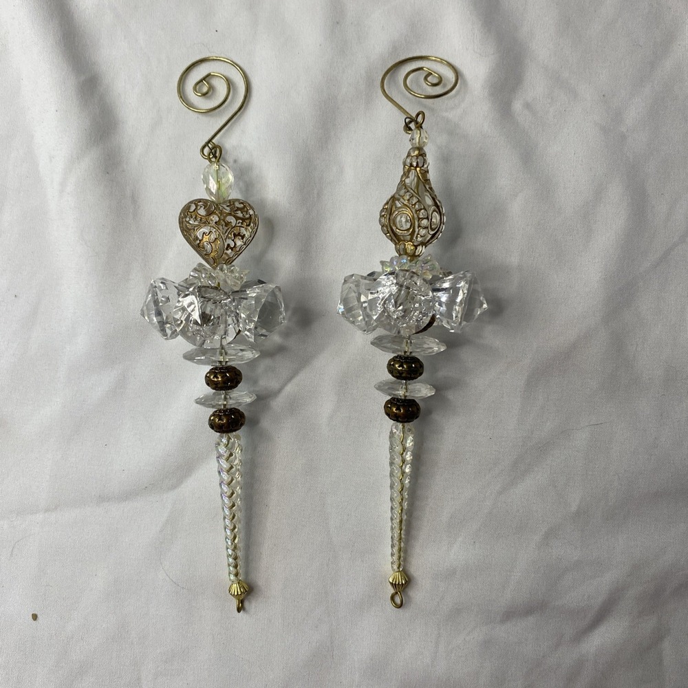Set Of 2 Decorative Acrylic Clear And Gold Colored Ornate Christmas Ornaments